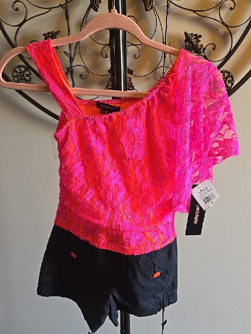 My Michelle Neon Pink One-Shoulder Lace Top